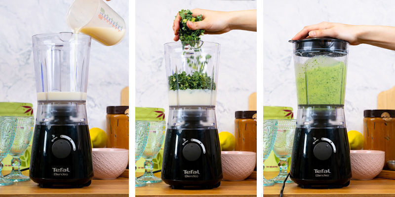 Gib die Milch und den Grünkohl in den Mixer und püriere beides.