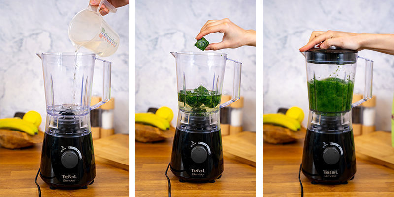 Gib zuerst das Wasser und den Spinat in den Mixer und püriere es, bis alles vermischt ist.