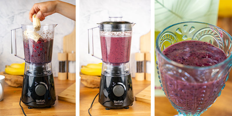 Füge die gehackte Banane zur Mischung hinzu und püriere das Ganze auf niedriger Stufe.