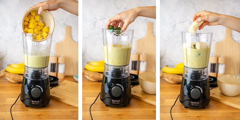Gib den gefrorenen Spinat, die Ananas und die Banane in den Mixer und püriere alles, bis es cremig ist.