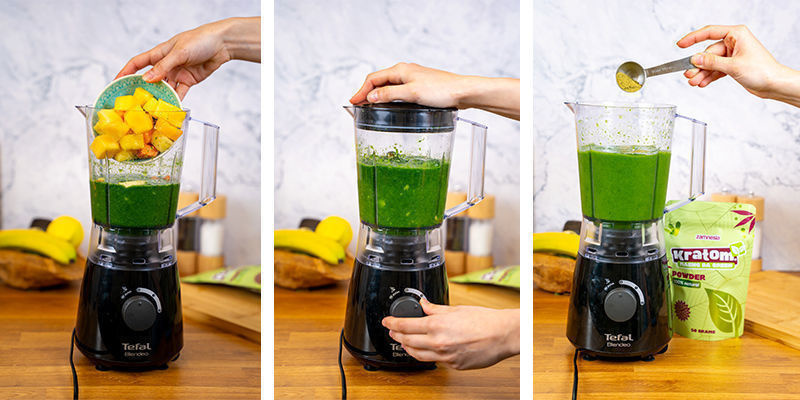 Gib Kratom-Pulver in die Mischung und mixe alles ein letztes Mal, bis der Smoothie glatt und grün ist.
