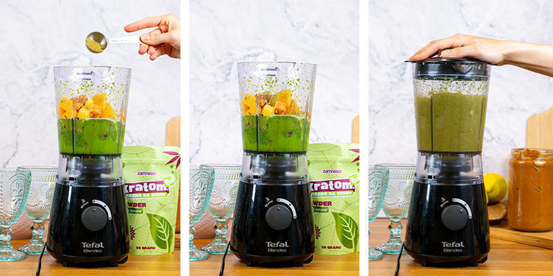 Zuletzt gib dein Kratom-Pulver hinzu und mixe, bis die Mischung glatt und cremig ist.
