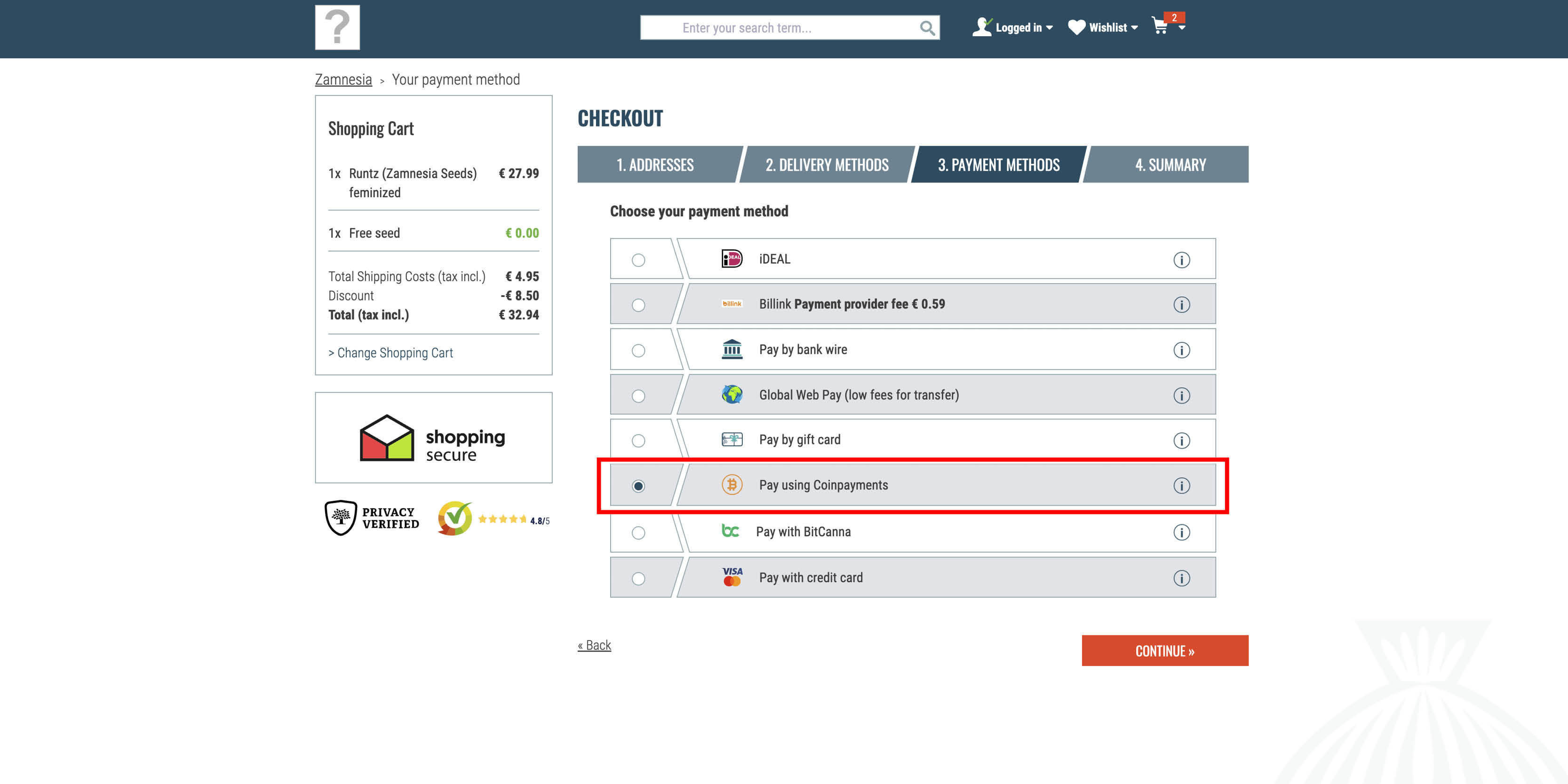 Wähle "Bitcoin," Um Mit Der Bitcoin Zahlung Fortzufahren