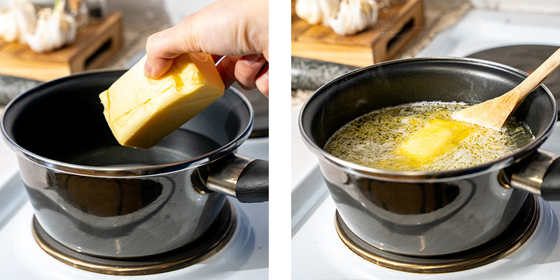 Sobald das Wasser köchelt (nicht kocht), kannst Du die ganze Butter direkt hineingeben.